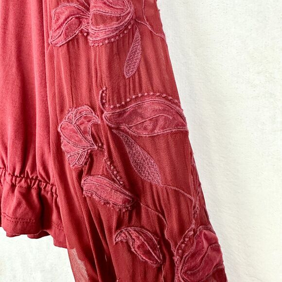 Anthropologie Embroidered Floral Top Size XL Wine Buttondown Boho Sheer Sleeve - Picture 7 of 10